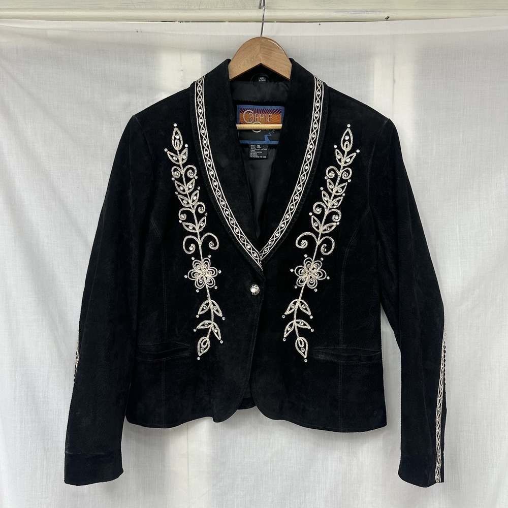 VTG Cripple Creek Jacket Women's XL Black Suede Rhinestone Western Cowboy Boho